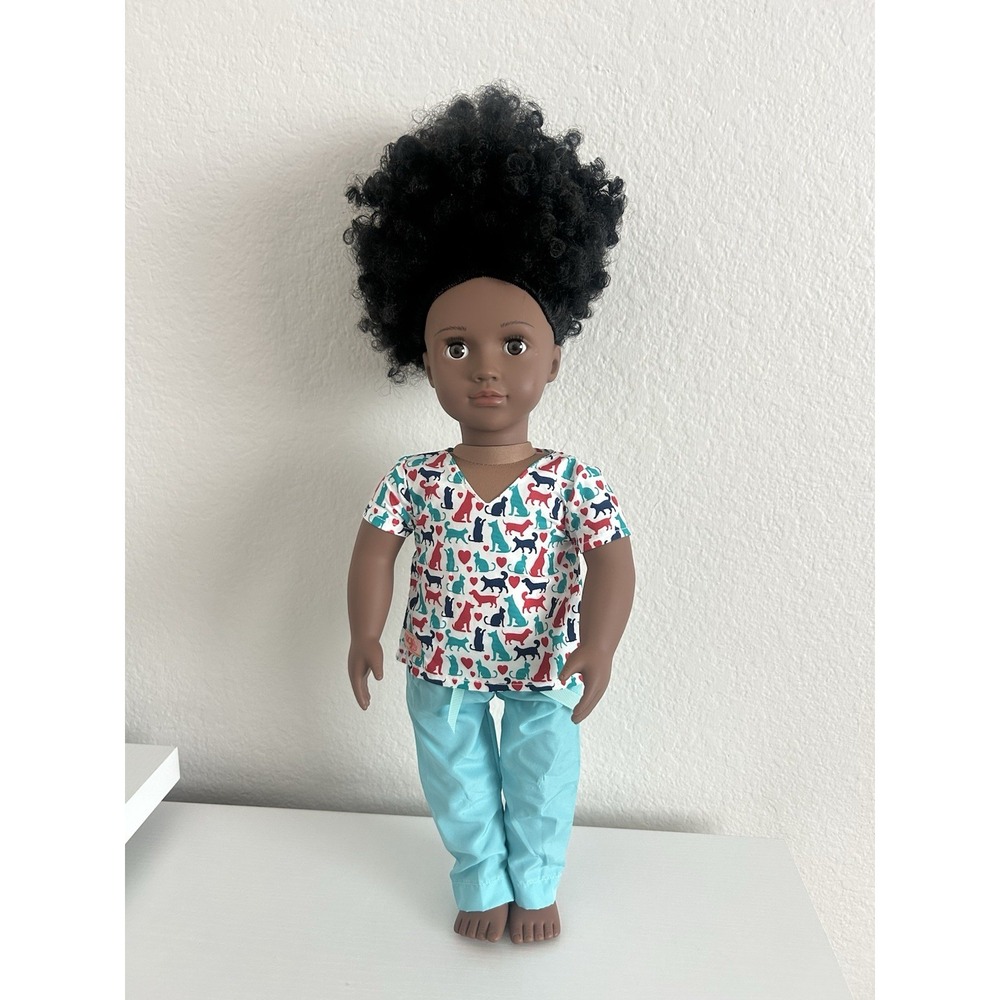 Our Generation Doll 18" Doll Black Curly High Pony Hair Brown Eyes Vet Outfit